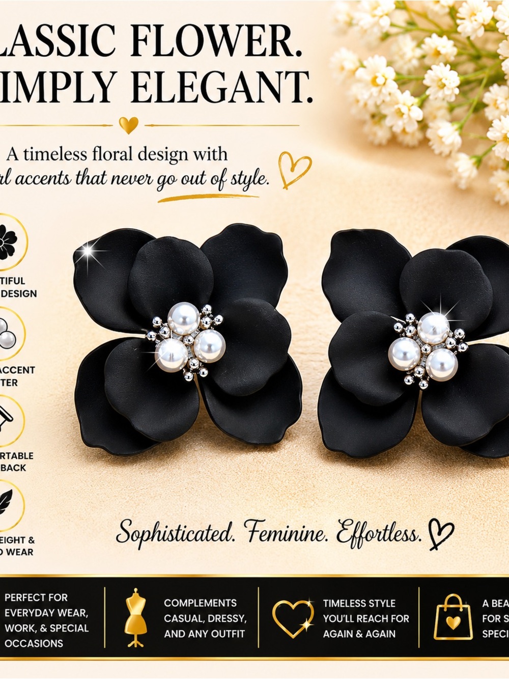 paparazzi Black Floral Pearl Accent Earrings